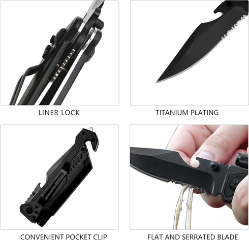 Engraved Pocket Knife for Men,6 in 1 Multifunction Folding Knives with Fire Starter,LED Light,Seatbelt Cutter,Glass Breaker,Bottle Opener,Annivers...