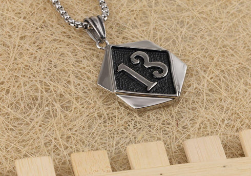 Large Heavy Lucky Number 13 Celtic Gothic Mens Stainless Steel Necklace + Rolo Chain...