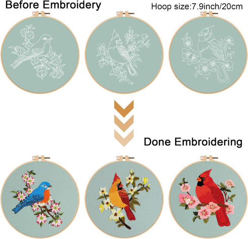 Louise Maelys 3 sets bird Embroidery Kits for Beginners,Adults Starter flower pattern Cross Stitch Kit DIY Needlepoint Kits with embroidery instru...