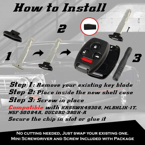 Cutting NOT Required - Key Fob Keyless Entry Remote Shell Case & Pad fits Honda 2003-2012 Accord / 2006-2013 Civic EX / 2009-2015 Pilot /2005-2006...