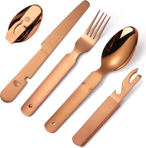 Camping Silverware Copper/Rose Gold Flatware Stainless Steel Eating Utensils Set Travel Portable Knife Fork Spoon Bottle Opener 4 Pieces Multi-fun...