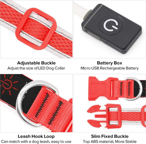 LED Dog Collar, USB Rechargeable Light Up Dog Collar Lights, Adjustable Comfortable Soft Mesh Safety Dog Collar for Small, Medium, Large Dogs(Larg...