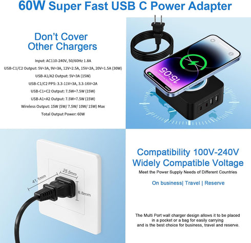 Wireless Charger Fast Charging Pad with 60W 4 Port Wall Charger Block Cargador Inalambrico for Moto G Stylus 5G 2024 G Power,Motorola Edge Razr 20...