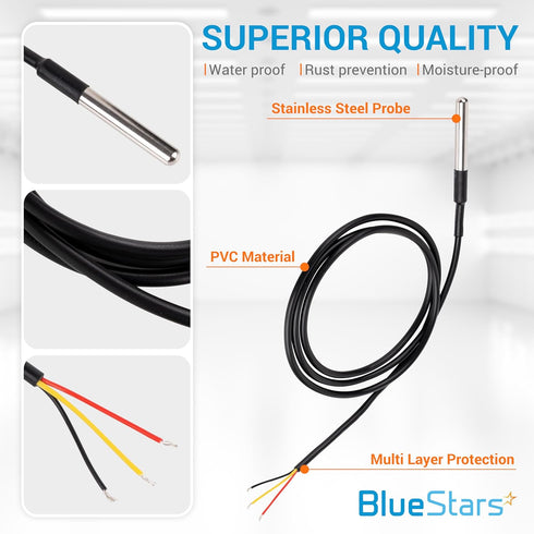 BlueStars Pack of 5 DS18B20 1-Wire Temperature Sensor Waterproof Digital Stainless Steel 3m/118.11in - Measure Range -55°C to 125°C Used for Ardui...