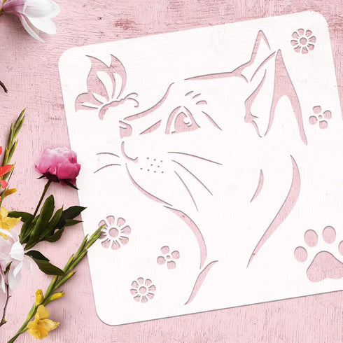 FINGERINSPIRE Cat Stencil 11.8x11.8inch Square Painting Stencil Cat Head Stencil Butterfly Template Cat Paw Stencil Washable Drawing Template for ...