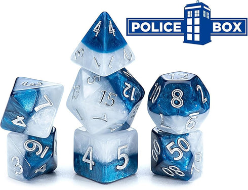 Gate Keeper Games and Dice: Halfsies Dice: Police Box - 7pc Set, Time Lord Blue & Doctor White, Pearlescent Swirl, 7 Resin Dice for Role Playing G...