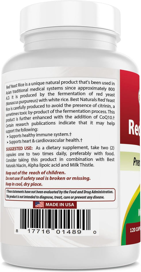 Best Naturals Red Yeast Rice with CoQ10, 120 Capsules - Cardiovascular Formula Contains 600 mg of Red Yeast Rice ans 30 mg of CoQ10...