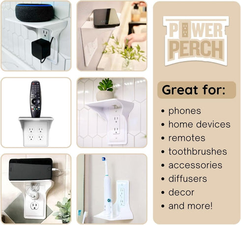 Storage Theory Power Perch Horizontal Outlet Shelf – Space Saving Bathroom Shelving for Electric Toothbrush, Echo Dot Holder – Router Stand, Smart...