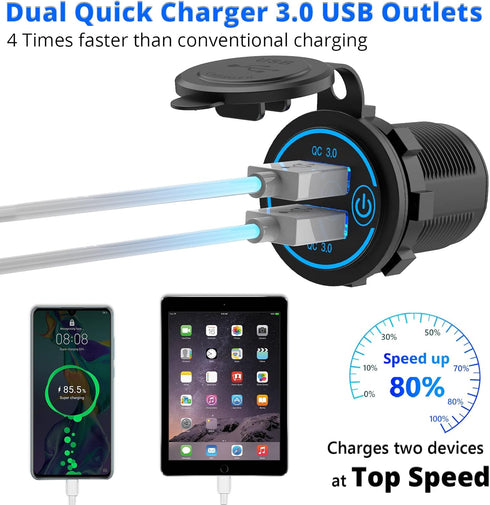 5 Pack Quick Charge 3.0 12V USB Outlet, Qidoe Waterproof QC3.0 Dual USB Power Outlet with Touch Switch Fast Car Charger Socket for 12V-24V Car Gol...