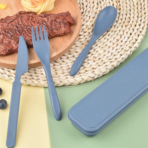 Travel Utensils with Case,1 Set Wheat Straw Utensils Sets, Portable Cutlery Spoon Knife Fork Tableware Set with Case for Adults Travel Picnic Camp...