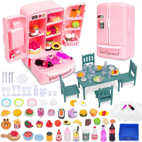 Dollhouse Mini Toy Fridge Green Table Dining with Mini Food Play Refrigerator for Kids Kitchen Furniture Fruits Vegetable Drink Milk Desserts for ...