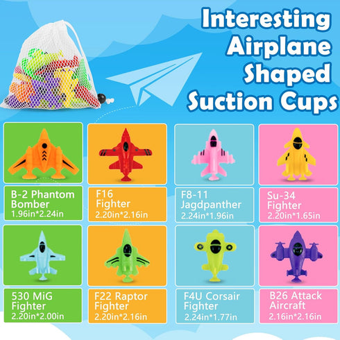 Baby Suction Cup Toys, 16PCS Silicone No Hole Mold Free Bath Toy with Mesh Bag Storage, Airplane Sucker Bath Toys for Kids Ages 4-8, Sensory, Wind...