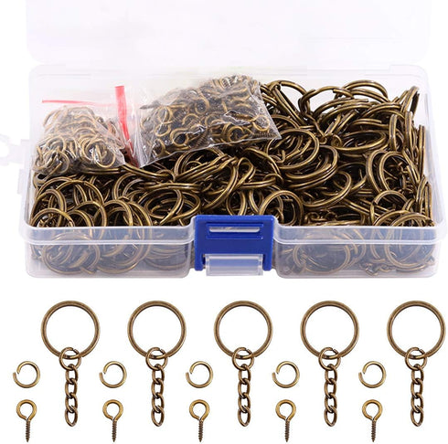 Swpeet 450Pcs 4/5 Inch 20mm Bronze Flat Key Chain Rings Kit, Including 150Pcs Split Keychain Rings with Chain and 150Pcs Jump Ring with 150Pcs Scr...