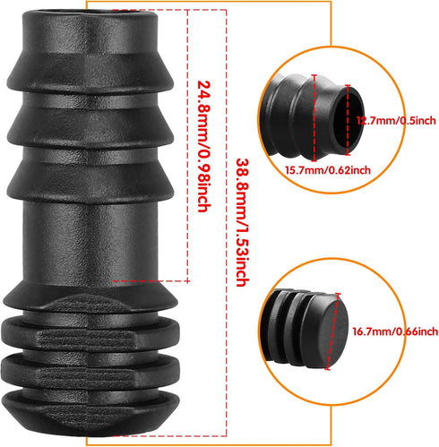 Drip Irrigation Fittings for 1/2 inch Irrigation Tubing(0.60"-0.63" OD), 15 Pieces End Plug Barbed Connectors, End Caps Plastic Plug Nuts for 1/2"...