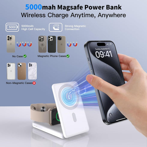 Wireless Charger for Magsafe Charger 5000mAh Power Bank, 3 in 1 Portable Magnetic Charger Stand for iPhone 15/14/13/12 Pro Max/iWatch 9 8, Foldabl...