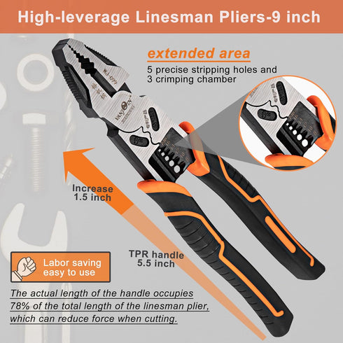 Lineman Pliers, 9-inch High Leverage Linesman Pliers, 6-in-1 Combination Lineman Pliers, Heavy Duty Side-cutting Pliers with Screw Remover/Wire St...