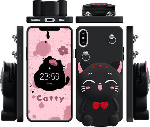 SGVAHY Wallet Case for iPhone XR with Strap Lanyard Cute Cat Black Coin Purse Funny Phone Case Kawaii Soft Silicone Shockproof Cover for Women Gir...