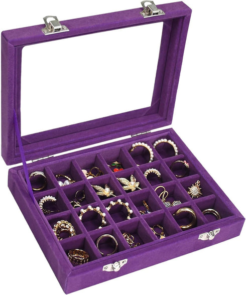 Velvet Jewelry Box 24 Grid Jewelry Ring Display Organiser Box Tray Holder Earrings Storage Case for Girls Wife Mom Women (Purple)...