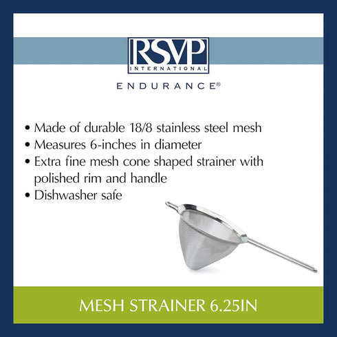 RSVP International Endurance Kitchen Collection, Stainless Steel Fine Mesh Conical Sieve/Colander, Multi-Purpose for Cooking, Baking, Loose Leaf T...