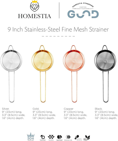 Homestia Fine Mesh Strainer for Kitchen, 304 Stainless Steel Sieve Sifters Cocktail Strainer for Food, Tea, Oil, Noodles, Coffee, Juice, Flour, Fr...