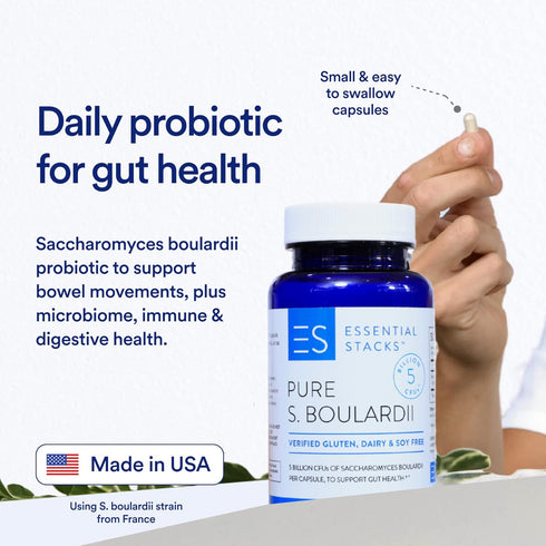 Essential Stacks Saccharomyces Boulardii Probiotics (Non-GMO & Gluten Free) - 5 Billion CFUs for Gut Health (60 Capsules)...