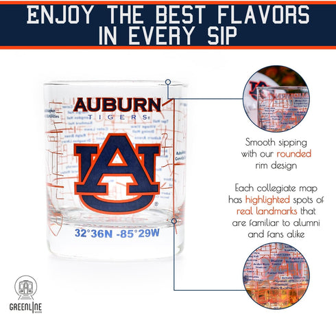 Greenline Goods - Auburn University Whiskey Glass Set (2 Low Ball Glasses) - Contains Full Color Tigers Logo & Campus Map - Auburn Tigers College ...