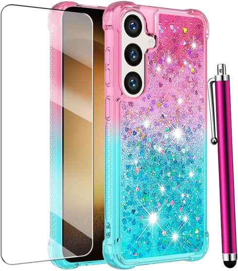 for Samsung Galaxy S24 Case with Screen Protector,Luxury Glitter Bling Liquid Floating Cute Women Girls Shockproof Slim Silicone Soft TPU Shockpro...