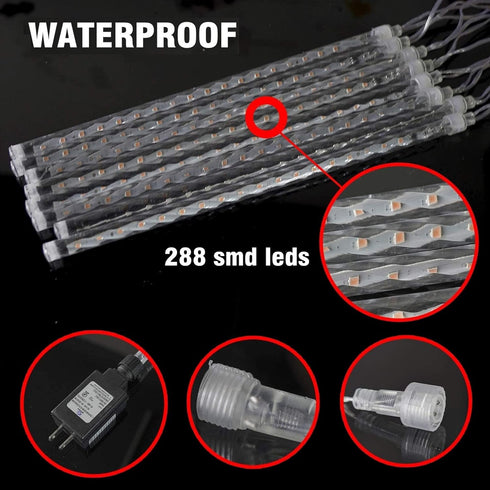 Christmas Lights Outdoor, 288 LED 12" 8 Tubes Meteor Shower Lights Outdoor Christmas Decorations Plug in, Waterproof Snow Falling Rain Icicle Xmas...