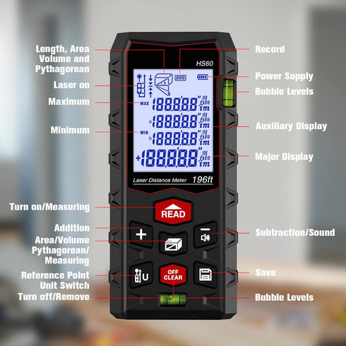 Laser Measure 196ft, Charcity Laser Distance Meter 60M(M/in/F) with 2 Bubble Levels, Mute Function IP54 Waterproof Large LCD Backlit, for Pythagor...