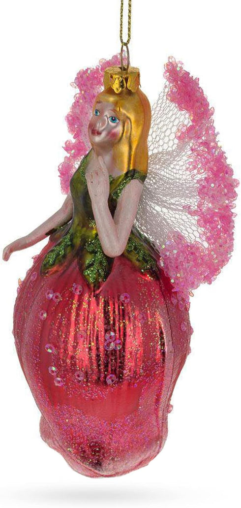 Enchanting Fairy in a Rose Dress Glass Christmas Ornament...