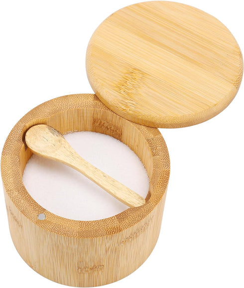 Natural bamboo Salt and Pepper Bowl, Bamboo Salt Cellar and Spices Storage Box With Built-in Spoon and Magnetic Swivel Lid (Single Compartment)...
