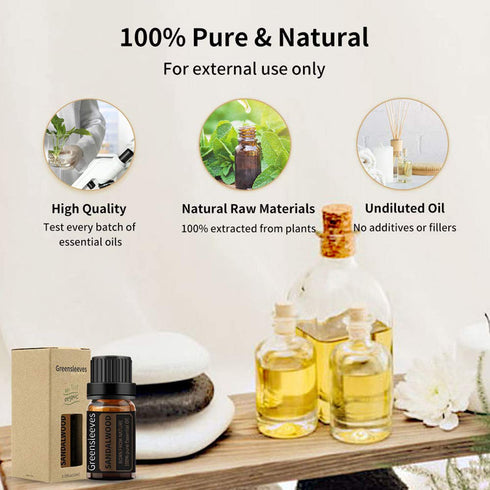 GREENSLEEVES Sandalwood Essential Oil 0.33 Fl Oz, 100% Natural, Perfect for Air Freshener, Body Care, Aromatherapy Massage, Scented Candle, Bath B...