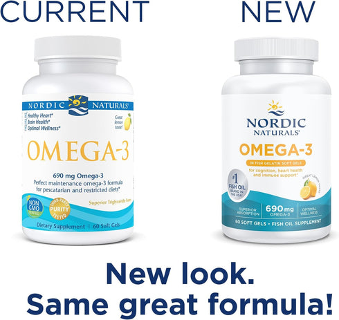 Nordic Naturals Omega-3 in Fish Gelatin, Lemon Flavor - 60 Fish Gels - 690 mg Omega-3 - Fish Oil - EPA & DHA - Immune Support, Brain & Heart Healt...