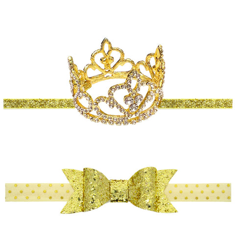 Elesa Miracle 2pcs Baby Hair Accessories Baby Girl's Gift Box with Shiny Bow Crown Tiara Headband (2pc- Gold)...