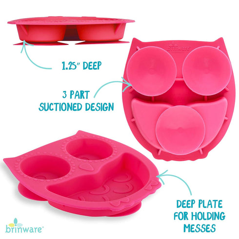 Suction Silicone Baby Plate/Bowl- Child Divided Plates Toddler and Kids Non-Slip Grip Dish Safe for Microwave, Oven, and Dishwasher - Owl (Pink)...