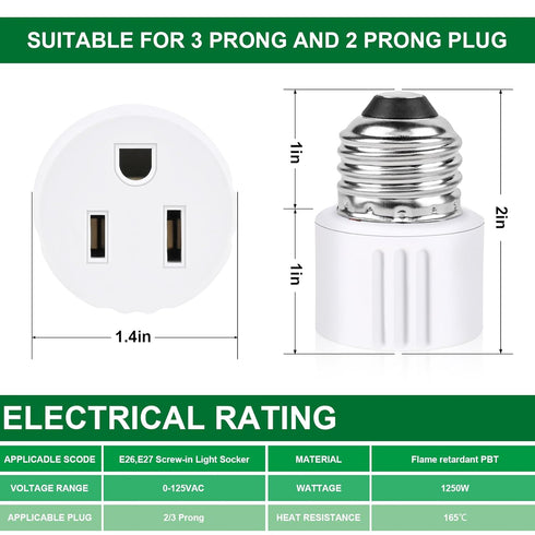 Outlet Light Socket Adapter,Screw in Outlet Socket,E26 Light Bulb to Outlet Socket Converter,Light Bulb Plug Adapter for Porch Light Socket,Camera...