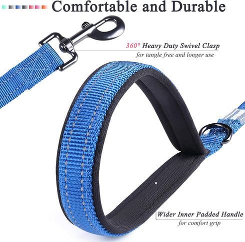 VIVAGLORY Traffic Handle Dog Leash, Two Padded Soft Handles Dog Leash, Strong Reflective & Metal Hook Training Dog Lead, Blue...