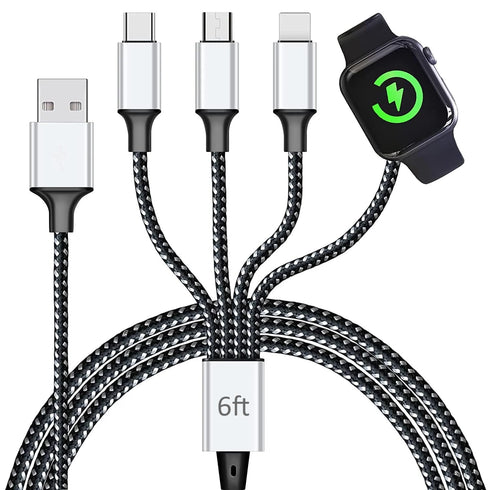 Multi Charging Cable for Apple Watch, Magnetic Wireless Charger, 4 in 1 Nylon Braided Cord for Multiple Devices, USB C/Micro Port/Compatible with ...