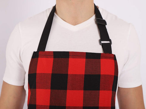 Chef Bib Apron for Men Women, Christmas Gift, Kitchen Cooking Apron with 2 Pockets, 40" Long Ties and Adjustable Neck Strap - 32" x 28" - Red/Blac...