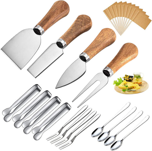 Cheese Knives Set with Wooden Handle, Mini Steel Stainless Cheese knife set for Charcuterie and Cheese spread Mini Serving Tongs Spoons Forks Toot...