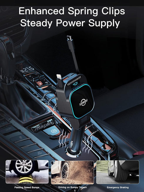 4-in-1 Retractable Car Charger - 96W Fast Car Phone Charger with Dual Retractable Cables (USB-C & iOS) and USB Ports, Compatible with iPhone 15/14...
