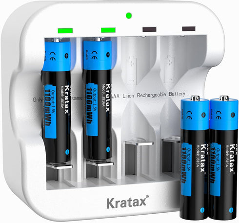AAA Rechargeable Lithium Batteries, 4 Pack 1.5V Kratax 1100mWh Li-ion Triple A Batteries with Fast Battery Charger, Constant Voltage Output, 1600 ...