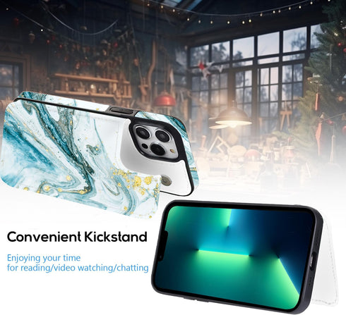 Opal Blue Marble Case Compatible with iPhone 13/12 Pro Max Flip Wallet Case with Card Holder Kickstand Slim Fit Sleeve with Card Slots Protective ...