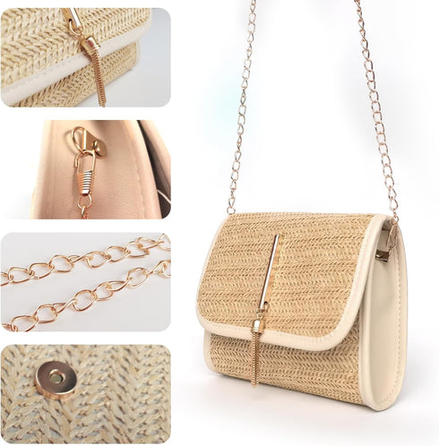 Straw Crossbody Bag for Women, Small Beach Shoulder Bag Woven Bags Travel Handbag Purse with Chain...