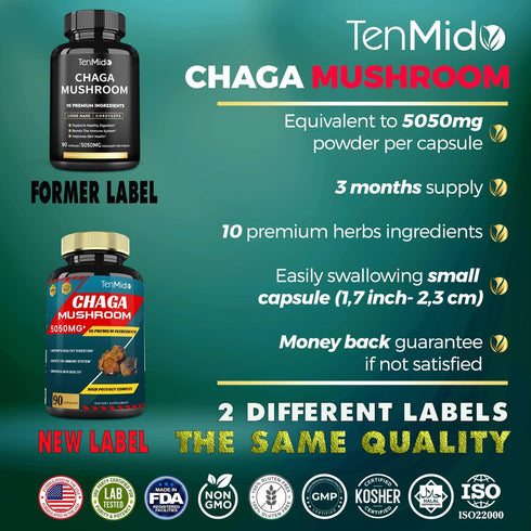 Chaga Mushroom Extract Capsules equivalent to 5050mg & Lions Mane, Cordyceps and More | Digestive Health, Anti-Aging, Immune Support | Energy Boos...