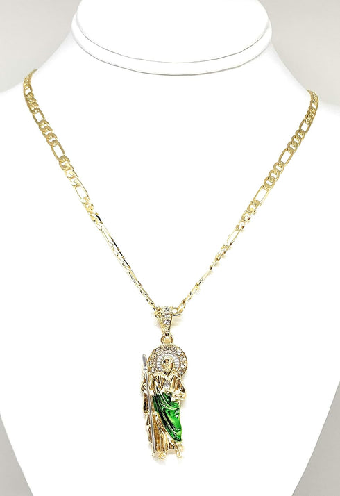 Gold Plated Green Saint Jude Pendant Necklace Figaro 24" San Judas Tadeo Medalla Cadena Oro Laminado...
