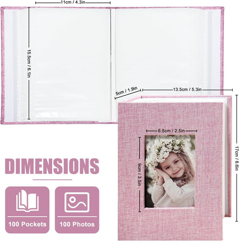 Photo Album 4x6 100 Pockets, Linen Cover Top Loader Vertical, Slip-in Picture Pink Pockets Albums for Wedding, Family, Anniversary, Baby, Vacation...