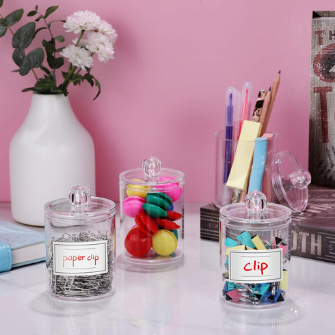 6 Pack Qtip Holder Dispenser for Cotton Ball, Cotton Swab, Cotton Round Pads, Floss - Clear Plastic Apothecary Jar Set, Bathroom Canister Storage ...
