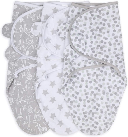 The Peanutshell Baby Swaddle Blankets for Boys or Girls, Grey Safari Animals & Stars, 3 Pack Wrap Set (Medium/Large)...