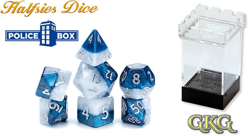 Gate Keeper Games and Dice: Halfsies Dice: Police Box - 7pc Set, Time Lord Blue & Doctor White, Pearlescent Swirl, 7 Resin Dice for Role Playing G...